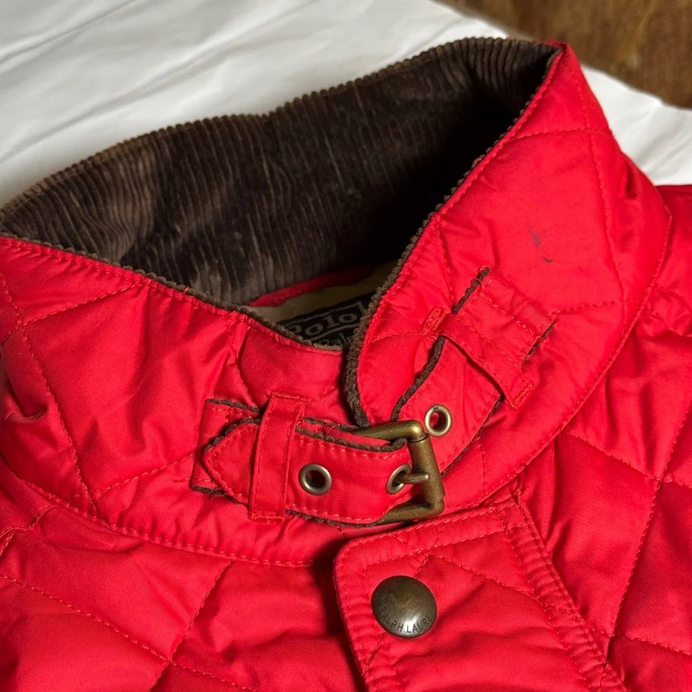 VTG Polo Ralph Lauren Red Quilted Puffer Vest Calf Suede Collar‎ Mens Jacket 2XL